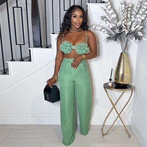 Flat top strapless high waisted straight leg pants two-piece set