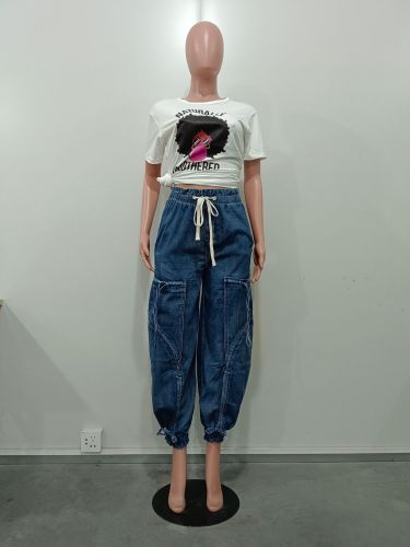 Drawstring, tie, tie, bow, loose straight leg jeans