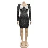 Women's solid color mesh rhinestone long sleeved short skirt dress