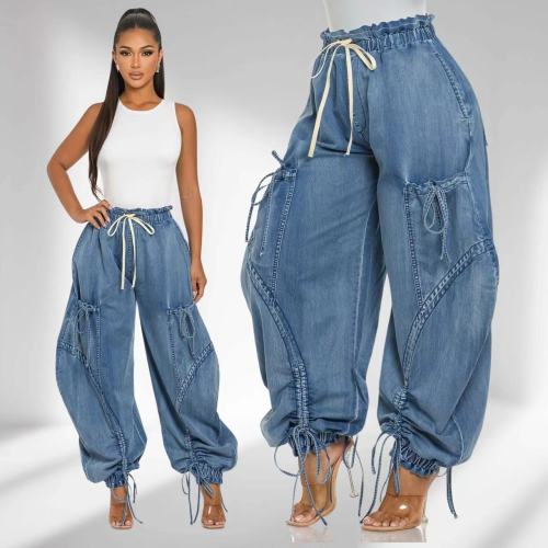 Drawstring, tie, tie, bow, loose straight leg jeans