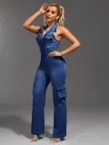 High stretch wash water straight leg denim jumpsuit