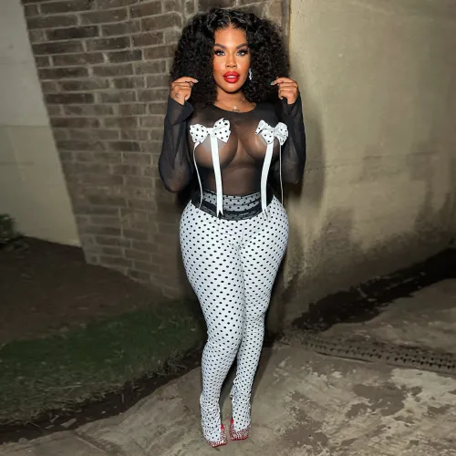 Mesh bow printed slit pants two-piece set