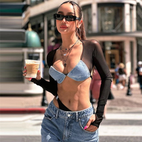 Cowboy mesh splicing perspective backless short top