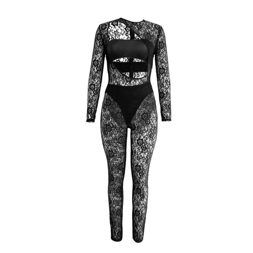 Lace pattern hollowed out round neck see through tight fitting jumpsuit
