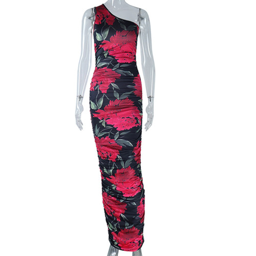 Printed off shoulder sleeveless dress with head and hips wrapped