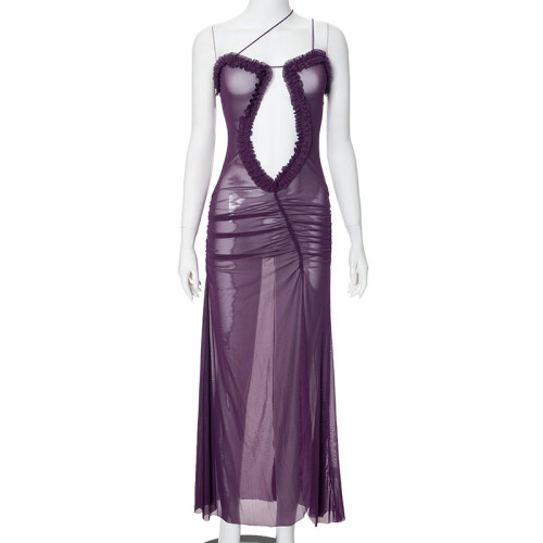 Sleeveless camisole hollow pleated lace mesh long dress