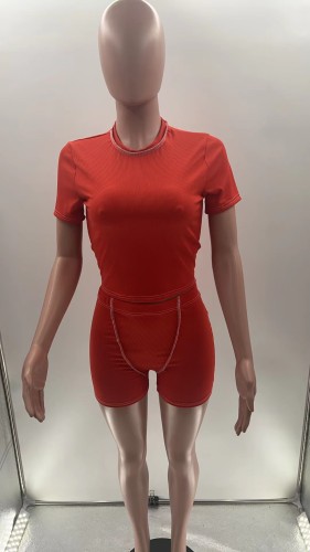 Tight fitting reverse neck short sleeved yoga suit shorts set