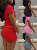 Tight fitting reverse neck short sleeved yoga suit shorts set