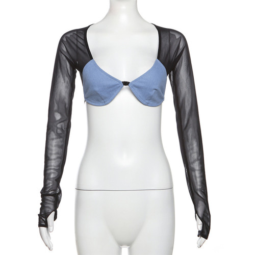 Cowboy mesh splicing perspective backless short top