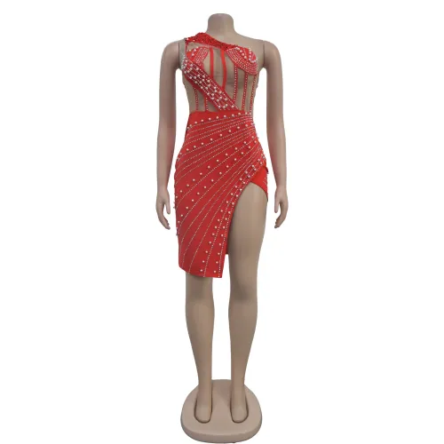 Mesh rhinestone medium long dress