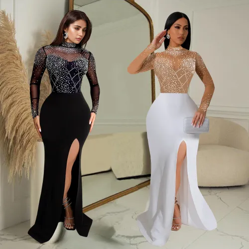 Women's hot stamping diamond slit long dress