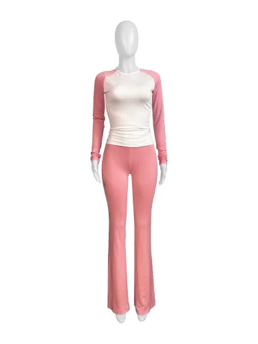 Color blocking tight fitting high waisted folded pants with plush suit