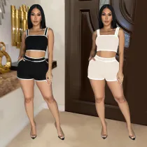 Solid color suspender shorts two-piece set