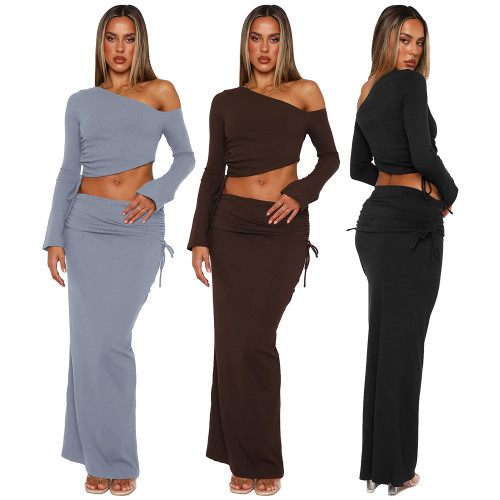 Solid color slanted shoulder drawstring long sleeved dress set