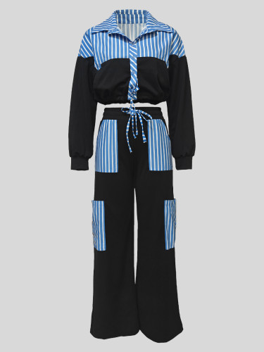 Striped patchwork long sleeved lace up shirt straight leg pants set