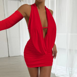 Backless long sleeved deep V-neck pleated hip hugging short skirt