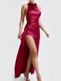 Round neck slit lace up backless pleated hip hugging long skirt