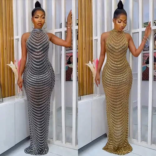 Backless rhinestone see through dress, long skirt