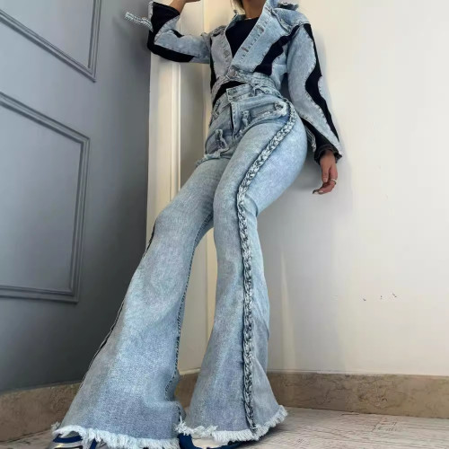 High waist mop Fried Dough Twists stretch jeans flared trousers