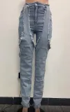Irregular hollow splicing zipper elastic denim