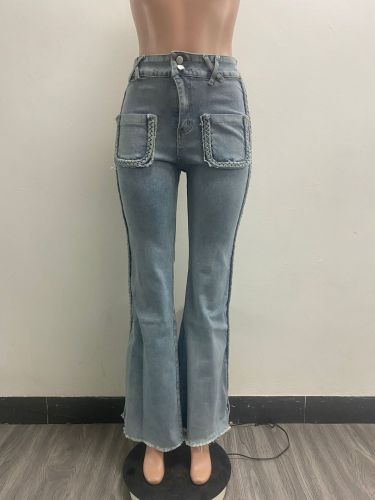 High waist mop Fried Dough Twists stretch jeans flared trousers