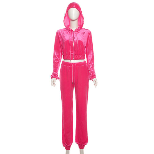 Hooded top high waisted straight leg pants set