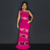 Sleeveless Straight Gundam Splicing Mesh Hot Diamond Solid Color Dress