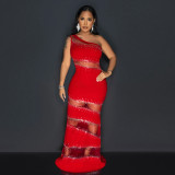 Sleeveless Straight Gundam Splicing Mesh Hot Diamond Solid Color Dress