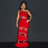 Sleeveless Straight Gundam Splicing Mesh Hot Diamond Solid Color Dress