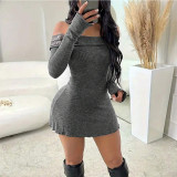 Solid color one shoulder long sleeved off shoulder high waisted short dress