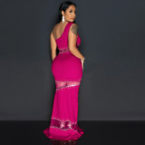 Sleeveless Straight Gundam Splicing Mesh Hot Diamond Solid Color Dress