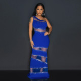 Sleeveless Straight Gundam Splicing Mesh Hot Diamond Solid Color Dress