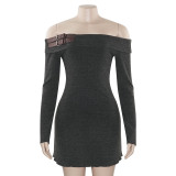 Solid color one shoulder long sleeved off shoulder high waisted short dress