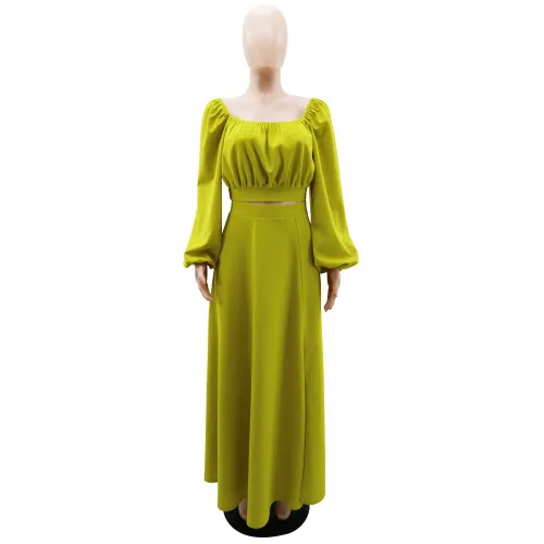 Off shoulder short top, high waist half body split long skirt set