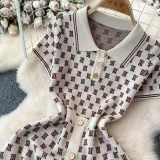 Waist cinched polo collar jacquard knit dress