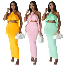 Wrap chest and hang neck top, expose navel, high waist, slit long skirt two-piece set