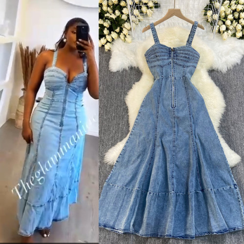 Strap, backless, high waisted, zipper, big swing denim long skirt