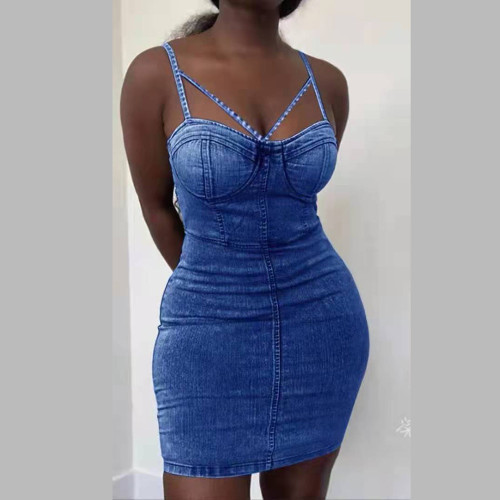 Wash water elastic denim wrap chest short denim skirt