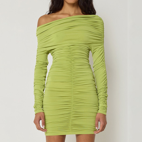 Long sleeved pleated sloping shoulder bag hip dress
