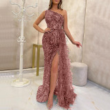 Sequined long sleeveless mid length evening gown