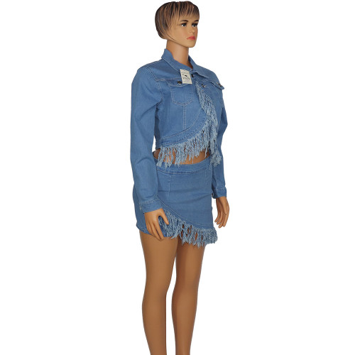 Elastic cotton distressed tassel short skirt set
