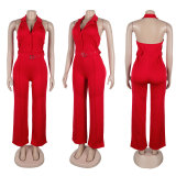 Hanging neck backless V-neck button up waist wide leg jumpsuit