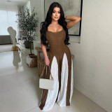 Hollow out wide leg knitted suspender patchwork contrasting jumpsuit