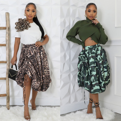 High waisted leopard print skirt camouflage drawstring flower bud skirt