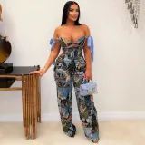 Printed oil painting pattern strap drawstring multi pocket pants set