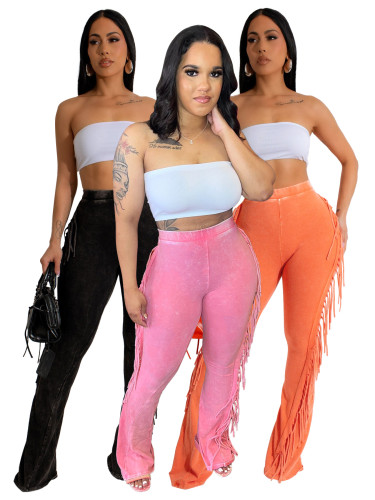 Cotton tassel elastic tight fitting micro flared pants