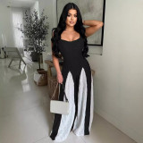 Hollow out wide leg knitted suspender patchwork contrasting jumpsuit