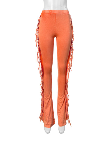 Cotton tassel elastic tight fitting micro flared pants