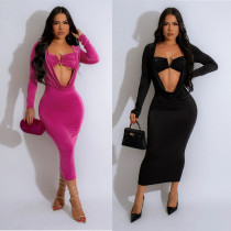 Deep V-neck hanging pleated long sleeved dress