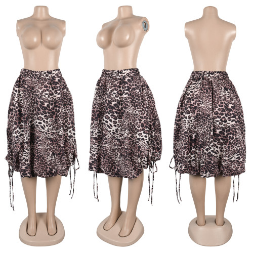 High waisted leopard print skirt camouflage drawstring flower bud skirt